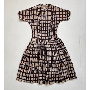 Vtg 50s 60s Novelty Floral Patterned Pleated Midi Dress / Sz 9 Mod Pin Up Retro